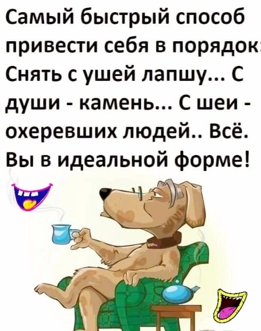 Самый быстрый способ привести себя в порядок Снять с ушей лапшу С души камень С шеи охеревших людей Всё Вы в идеальной форме