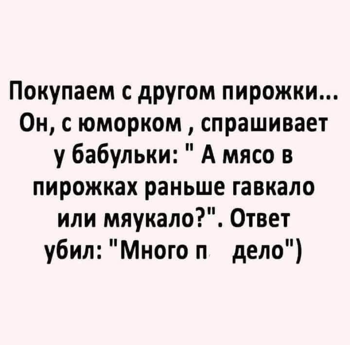 Покупаем с другом пирожки Он с юморком спрашивает у бабульки А мясо в пирожках раньше гавкало или мяукало Ответ убил Много п дело