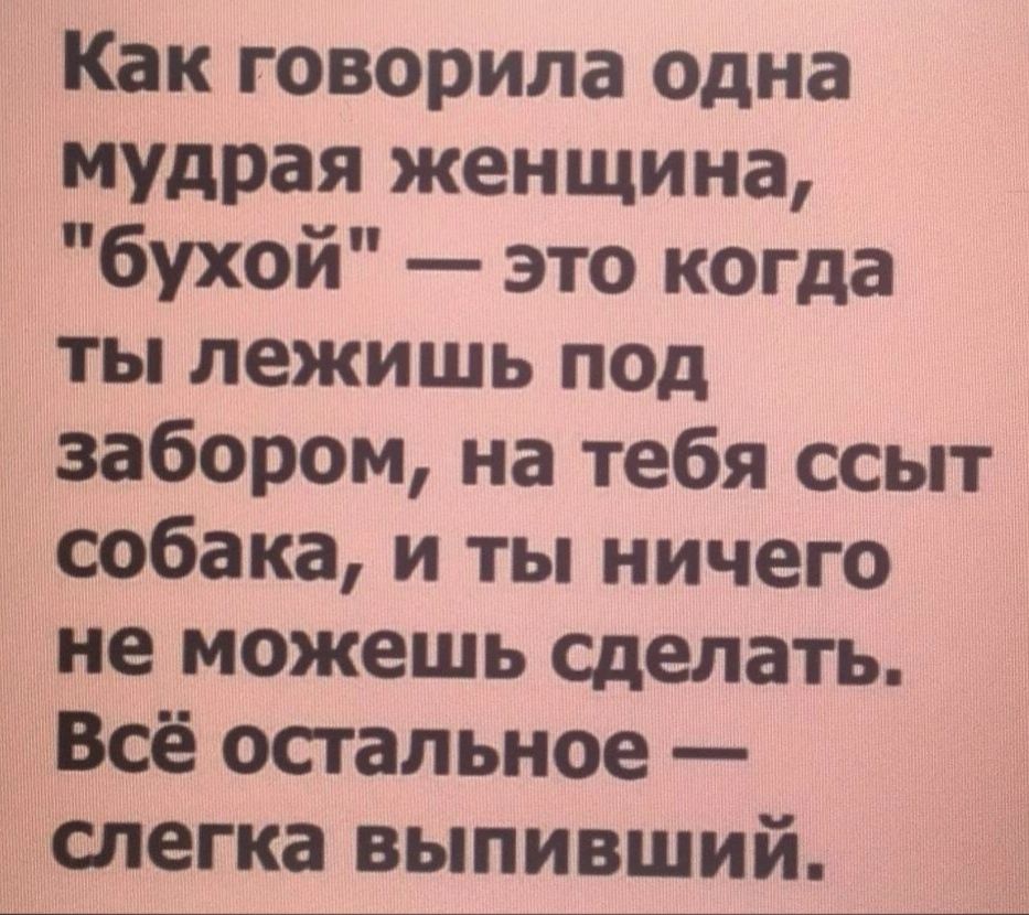 Как говорила одна мудрая женщина бухой это когда ты лежишь под забором на тебя ссыт собака и ты ничего не можешь сделать Всё остальное слегка выпивший