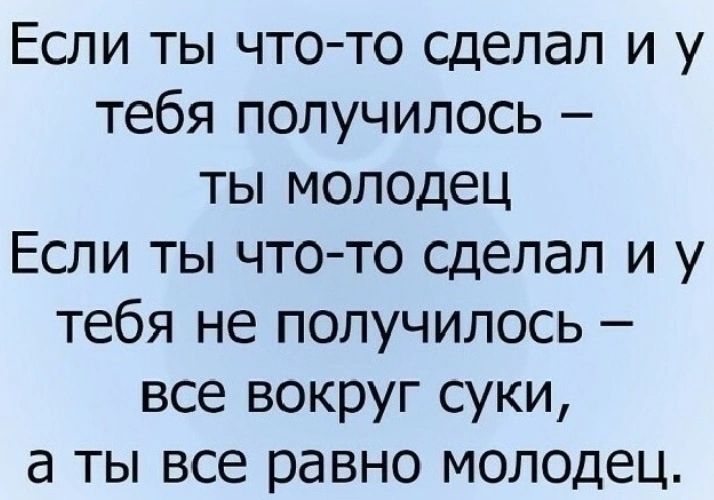 Еши ты что то сделал и у тебя получилось ты молодец Если ты что то сделал и у тебя не получилось все вокруг суки а ты все равно молодец