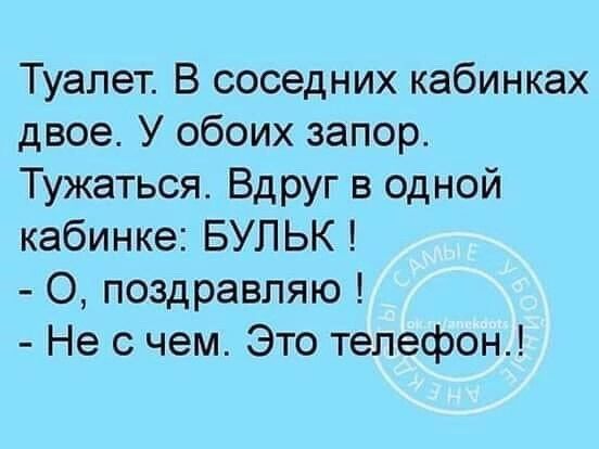 Туалет В соседних кабинках двое У обоих запор Тужаться Вдруг в одной кабинке БУЛЬК О поздравляю Не с чем Это телефон