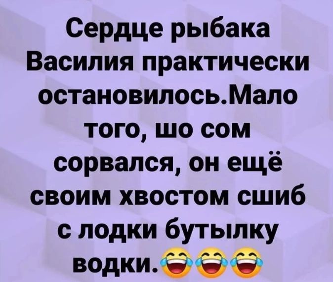 Сердце рыбака Василия практически остановилосьМало того шо сом сорвался он ещё своим хвостом сшиб с лодки бутылку веди