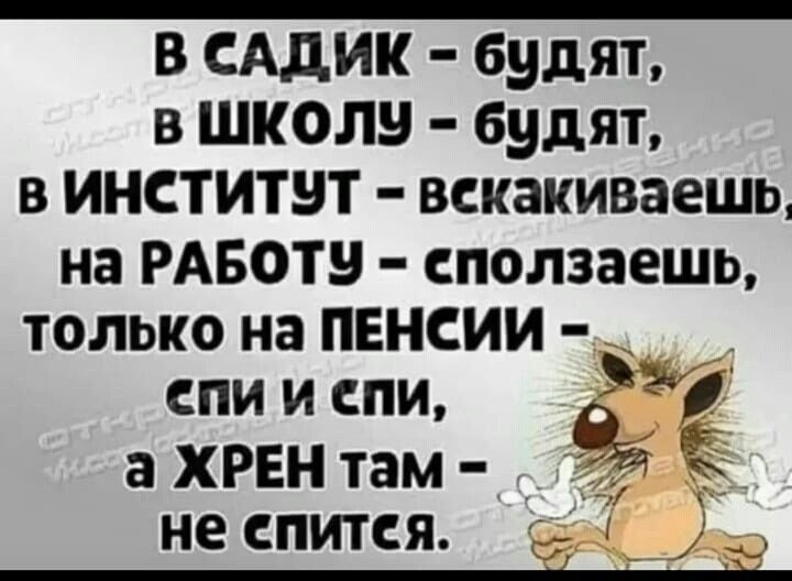 в САдик будят в школу будят В институт ВСКЗКИВЗЕШЬ на РАБОТ СПОЛЗЗЕШЬ ТОЛЬКО на ПЕНСИИ _ спи и спи а хрвн там не СПИТСЯ __ і