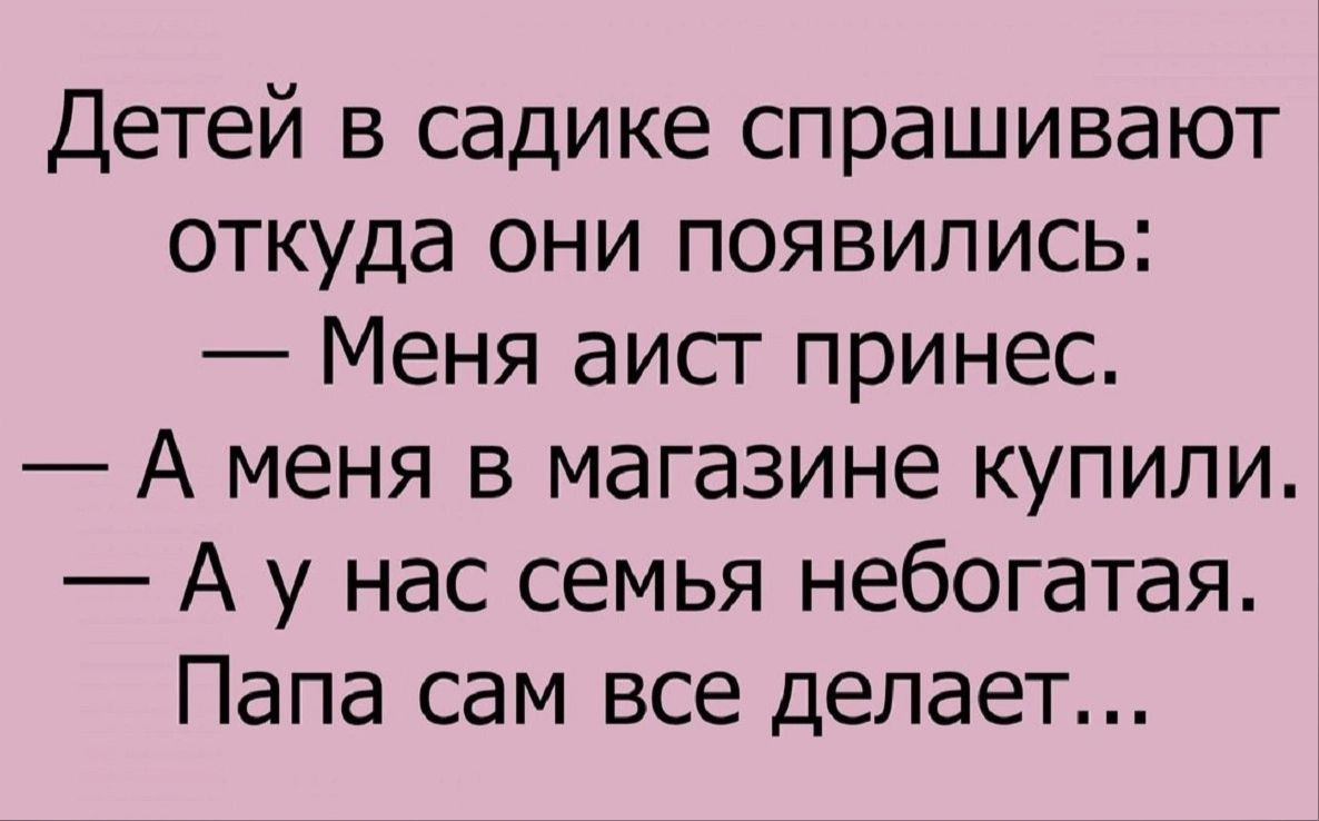 Детей в садике спрашивают откуда они появились Меня аист принес А меня в магазине купили А у нас семья небогатая Папа сам все делает