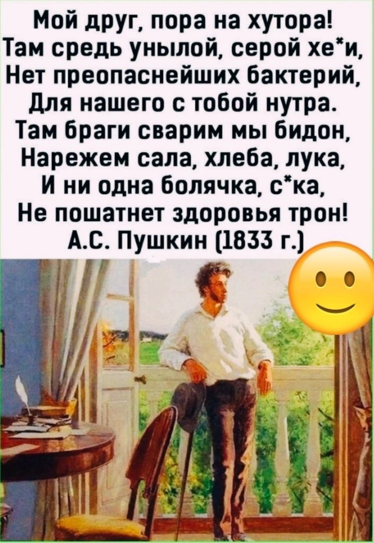 Мой друп пора на хутора Там средь унылой серой хеи Нет преопаснейших бактерий для нашего с тобой нутра Там Браги сварим мы бидон Нарежем сала хлеба лука И ни одна Болячка ска Не пошатнет здоровья трон АС Пушкин 1833 г