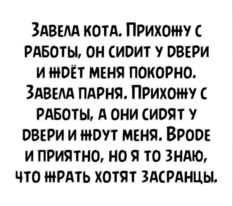 ЗАВЕАА котА Прихожу РАБОТЫ он сидит у овнри и нюіёт меня покорно ЗАВЕАА пдрня Прихожу рдвоты А они сиоят овтри и тоут мтня ВРООЕ и приятно но я то 3ндю что нить хотят ЗАСРАНЦЫ