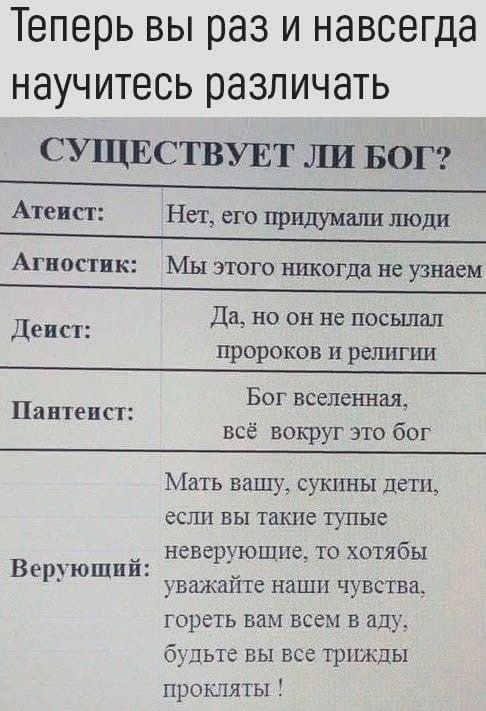 Теперь вы раз и навсегда научитесь различать СУЩЕСТВУЕТ Ш БОГ Атеист Нет его придумали шоди Агностик Мы этого шпюгда не узнаем Да но он не посылал Депп пророков и религии Бог вселенная Паитенст __ все Вокруг это бог Мать вашу сукпгны дети если вы такие тупые _ неверующие то хотябы Веруюшпи уважайте наши чувства гореть вам всем в аду будьте вы все трижды прошиты