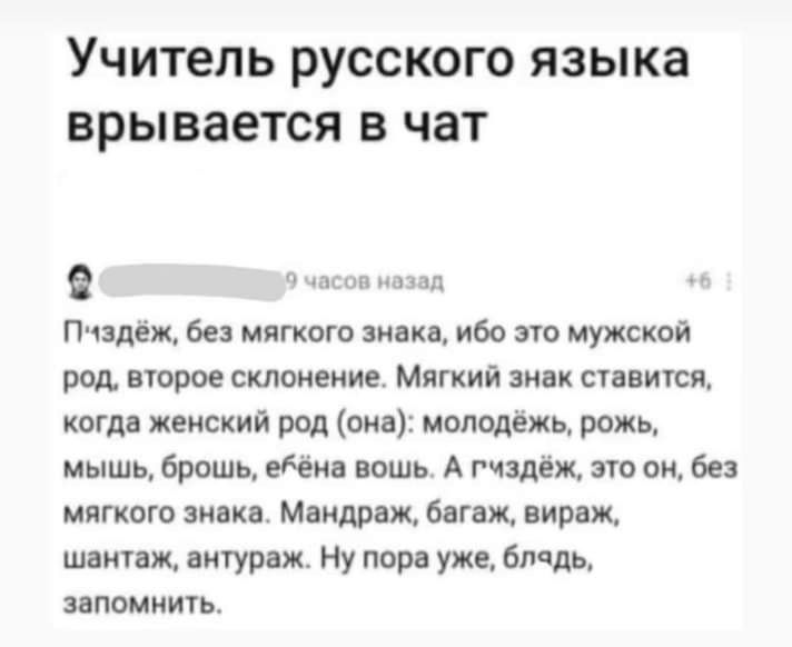 Учитель РУССКОГО ЯЗЫКЕ ВРЫВЗЕТСЯ В чат 9 _ _ пмж без мягкого знань ибо по мужской род втрое склонение Мягкий нпк спится когда жеиский ж они молодёжь рожь мышь брошь едёив вошь А гчздеж т оц без мягкого зивка Мандрик ближ вирвж шпик вигурпж Ну пора уже бпчдь запомнить