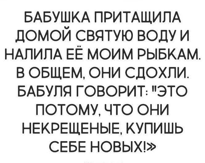 БАБУШКА ПРИТАЩИЛА домой святую воду и НАПИЛА ЕЁ моим РЫБКАМ в ОБЩЕМ они сдохли БАБУПЯ говориг это потому что они НЕКРЕЩЕНЫЕ купишь СЕБЕ новыхд
