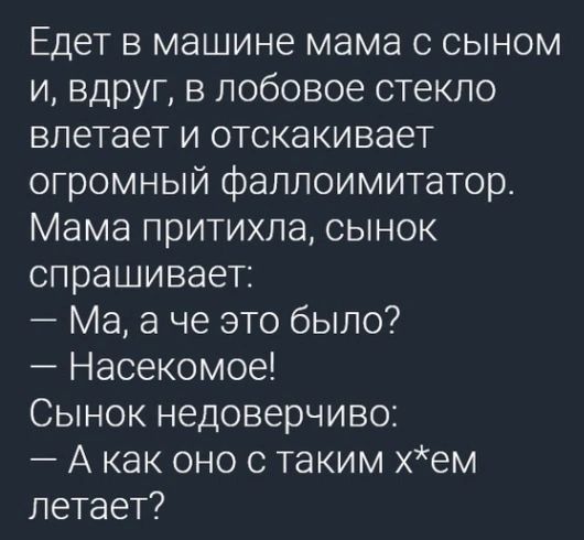 Едет в машине мама с сыном и вдруг в лобовое стекло влетает и отскакивает огромный фаллоимитатор Мама притихла сынок спрашивает Ма а че это было Насекомое Сынок недоверчиво А как оно с таким хем летает