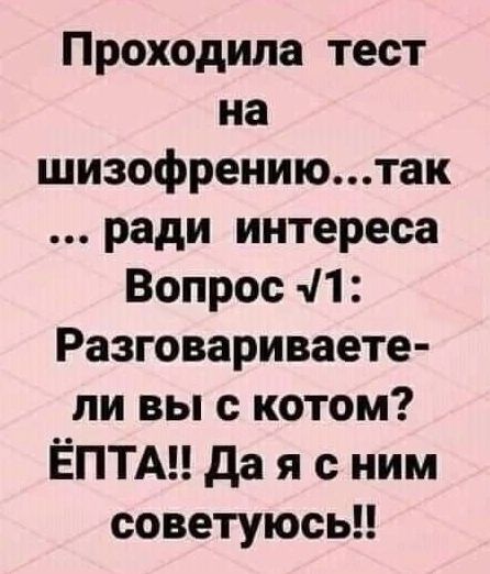 Проходила тест на шизофрениютак ради интереса Вопрос 11 Разговариваете ли вы с котом ЁПТА да я с ним советуюсь