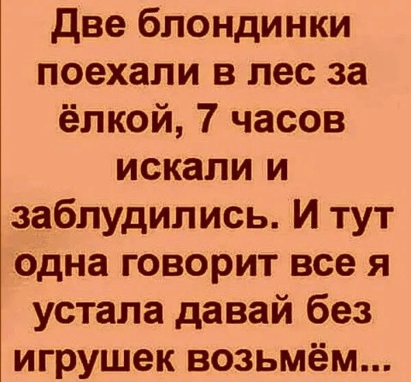 две блондинки поехали в лес за ёлкой 7 часов искали и заблудились И тут одна говорит все я устала давай без игрушек возьмём