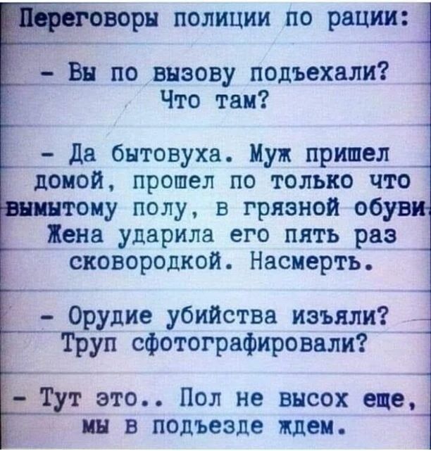 зори ПОЛИЦИИ ПО рации Вы по внэову подъехали Что так дв бытовуха Муж пришел домой прошел по только что тону полу в грязной об Жена ударила его пять раз сковородкой Насиерть Орудие убийства изъяли Труп сфотографировали это Пол не внсох еще им в подъезде ждем