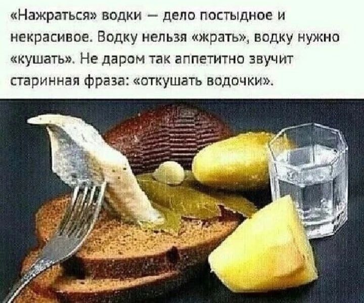 Нажратьси водки депп постыдное и некрасивпв Водку нельзя щратьщ водку нужна кушать Не даром так аппетитно звучит старинная Фраза пткушать водочки