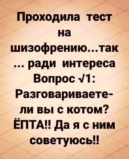 Проходила тест на шизофрениютак ради интереса Вопрос 11 Разговариваете ли вы с котом ЁПТА да я с ним советуюсь