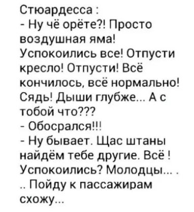 Стюардесса Ну чё орёте Просто воздушная яма Успокоились все Отпусти кресло Отпусти Всё кончилось всё нормально Сядь Дыши глубже А с тобой что Обосрапся Ну бывает Щас штаны найдём тебе другие Всё Успокоились Молодцы Пойду к пассажирам схожу