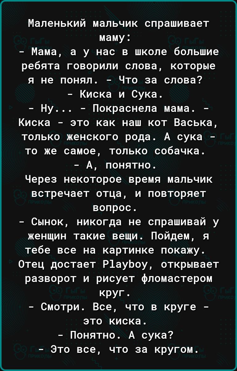 Маленький мальчик спрашивает маму Мама а у нас в школе большие ребята говорили слова которые я не понял Что за слова Киска и сука Ну Покраснепа мама Киска это как наш кот Васька только женского рода А сука то же самое только собачка А понятно Через некоторое время мальчик встречает отца и повторяет вопрос Сынок никогда не спрашивай у женщин такие вещи Пойдем я тебе все на картинке покажу Отец дост