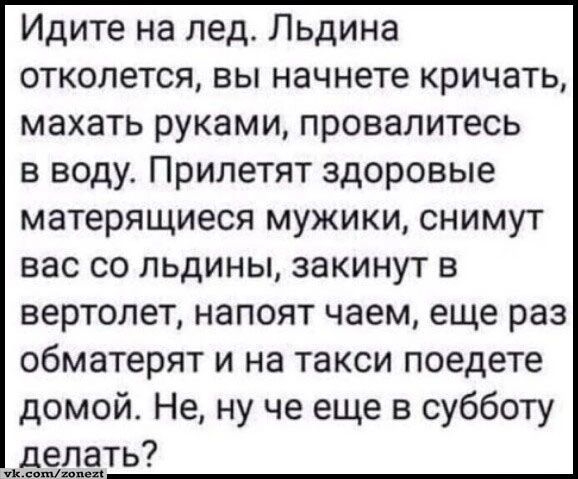 Идите на лед Льдина откопется вы начнете кричать махать руками провалитесь в воду Прилетят здоровые матерящиеся мужики снимут вас со льдины закинут в вертолет напоят чаем еще раз обматерят и на такси поедете домой Не ну че еще в субботу БЁДЁТЬ