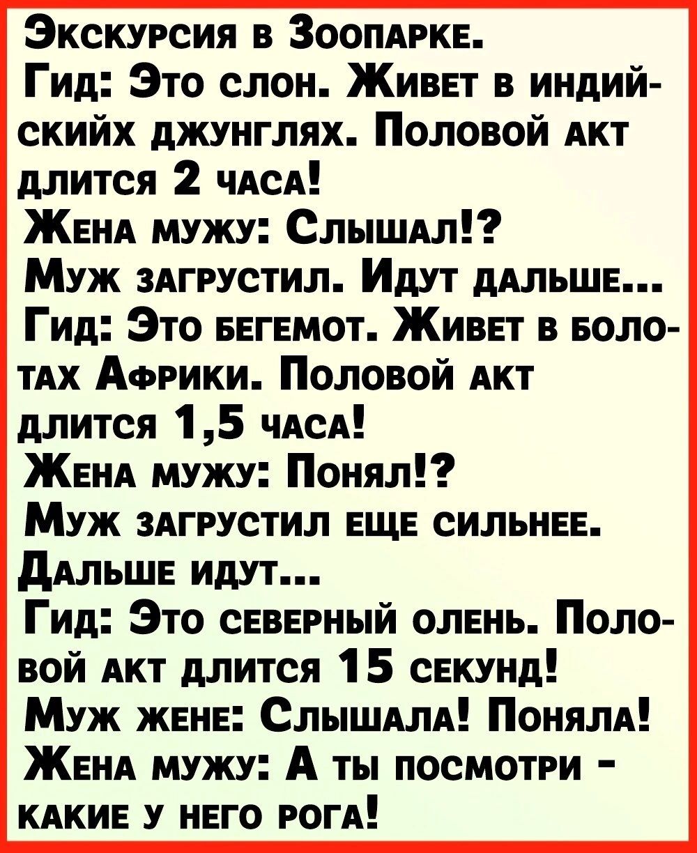 Экскурсия в ЗООПАРКЕ Гид Это слон ЖИВЕТ в индий скийх джунглях Половой Акт длится 2 мы ЖЕНА мужу Слышм Муж 3Агрустил Идут дАЛЬШЕ Гид Это БЕГЕМОТ Живя в воло ТАх Аорики Половой Акт длится 15 мм ЖЕНА мужу Поиял Муж ЗАГРУСТИЛ ЕЩЕ силЬНЕЕ дАЛЬШЕ идут Гид Это СЕВЕРНЫЙ ОПЕНЬ Поло вой Акт длится 15 сЕкунд Муж ЖЕНЕ СЛЫШАЛА Поням ЖЕНА мужу А ты посмотри КАКИЕ у него РОГА