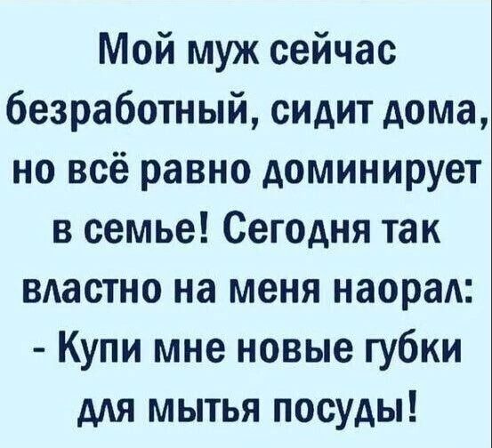 Мой муж сейчас безработный сидит дома но всё равно доминирует в семье Сегодня так вдастно на меня наораА Купи мне новые губки для мытья посуды