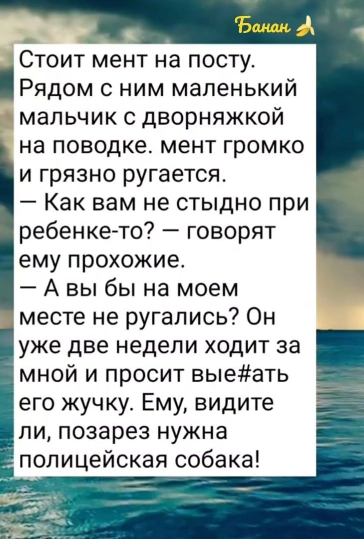 Стоит мент на посту Рядом с ним маленький мальчик с дворняжкой на поводке мент громко и грязно ругается Как вам не стыдно при ребенке то говорят ему прохожие А вы бы на моем месте не ругались Он уже две недели ходит за мной и просит выеать его жучку Ему видите ли позарез нужна полицейская собака