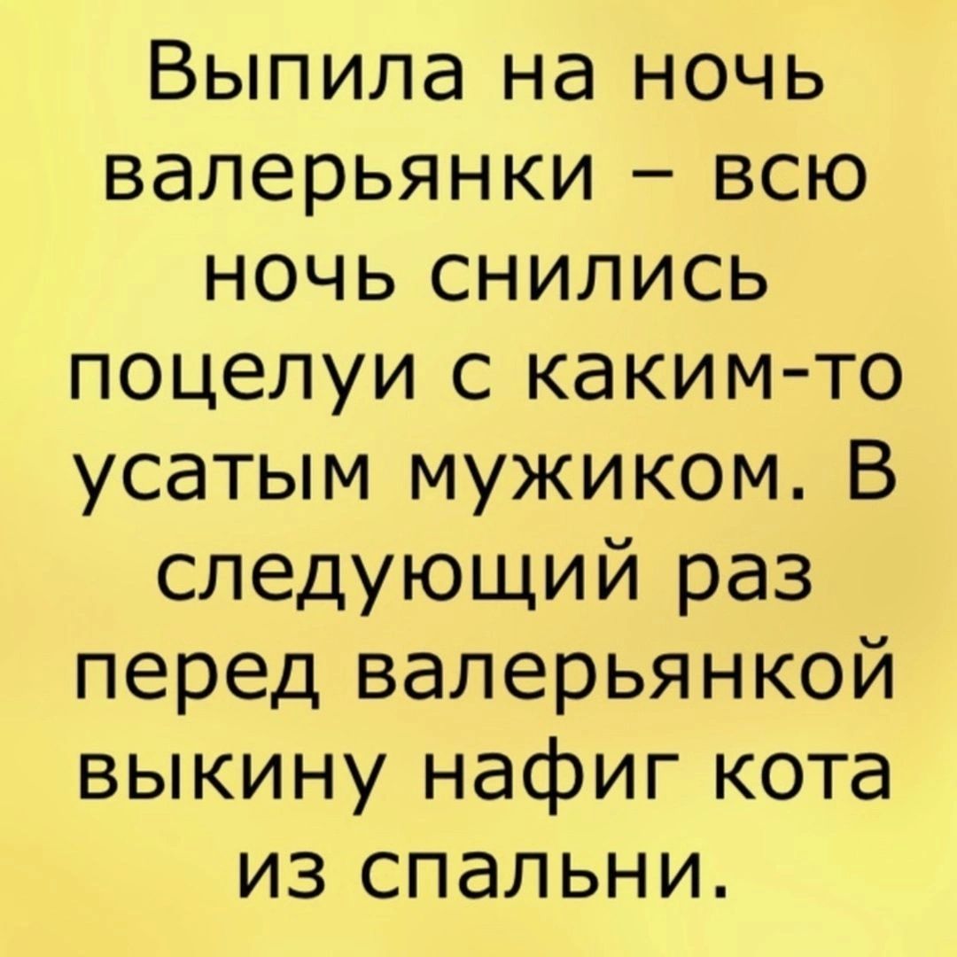 Выпила на ночь валерьянки всю ночь снились поцелуи с каким то усатым мужиком В следующий раз перед валерьянкой выкину нафиг кота из спальни