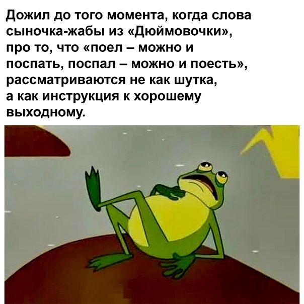 Дожип до того момента когда спова сыночка жабы из дюймовочки про то что поеп можно и поспать поспал можно и поесть рассматриваются не как шутка а как инструкция к хорошему выходному