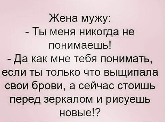 Жена мужу Ты меня никогда не понимаешь Да как мне тебя понимать если ты только что выщипала свои брови а сейчас стоишь перед зеркалом и рисуешь новые
