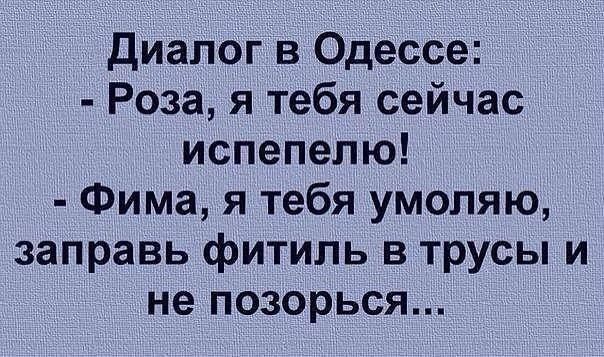 диалог в Одессе Роза я тебя сейчас испепелю Фима я тебя умоляю заправь фитиль в трусы и не позорься