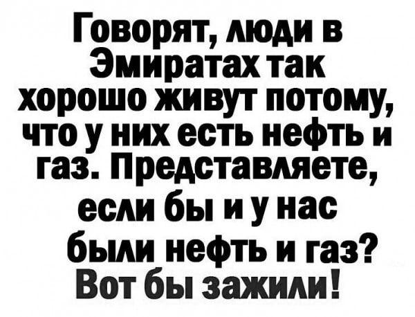 Говорят люди в Эмиратах так хорошо живут потому что у них есть нефть и газ Представляете если бы и у нас были нефть и газ Вот бы зажили