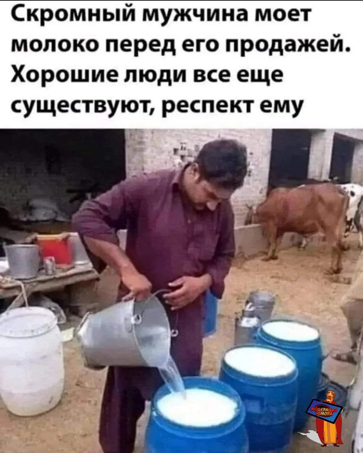 Скромный мужчина моет молоко перед его продажей Хорошие люди все еще существуют респект ему