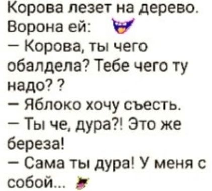 Корова лезет на дерево Ворона ей У Корова ты чего обалдела Тебе чего ту надо Яблоко хочу съесть Ты че дура Это же береза Сама ты дура У меня с собой