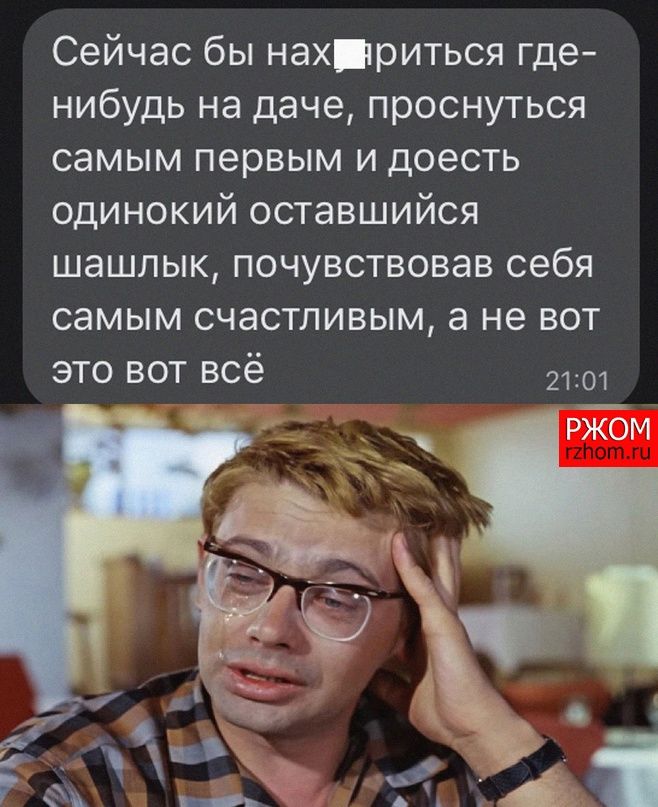 Сейчас бы нахприться где нибудь на даче проснуться самым первым и доесть одинокий оставшийся шашлык почувствовав себя самым счастливым а не вот это вот всё