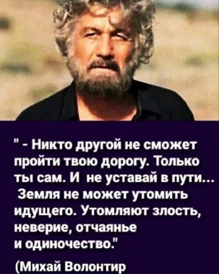 Никто другой не сможет пройти твою дорогу Только ты сам И по уставай в пути Земля не может утомить идущего Утоиляют злость неверие отчаянье и одиночество Михай Вопоитир