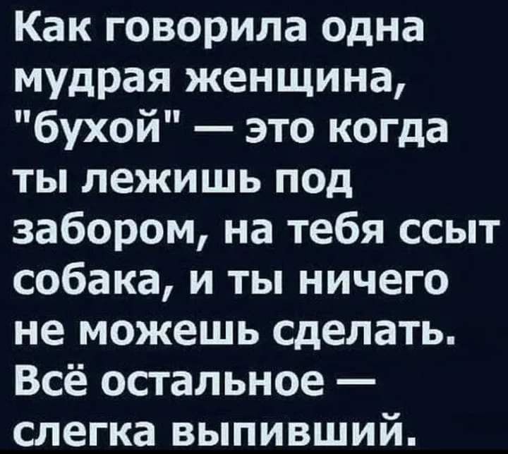 Как говорила одна мудрая женщина бухой это когда ты лежишь под забором на тебя ссыт собака и ты ничего не можешь сделать Всё остальное слегка выпивший