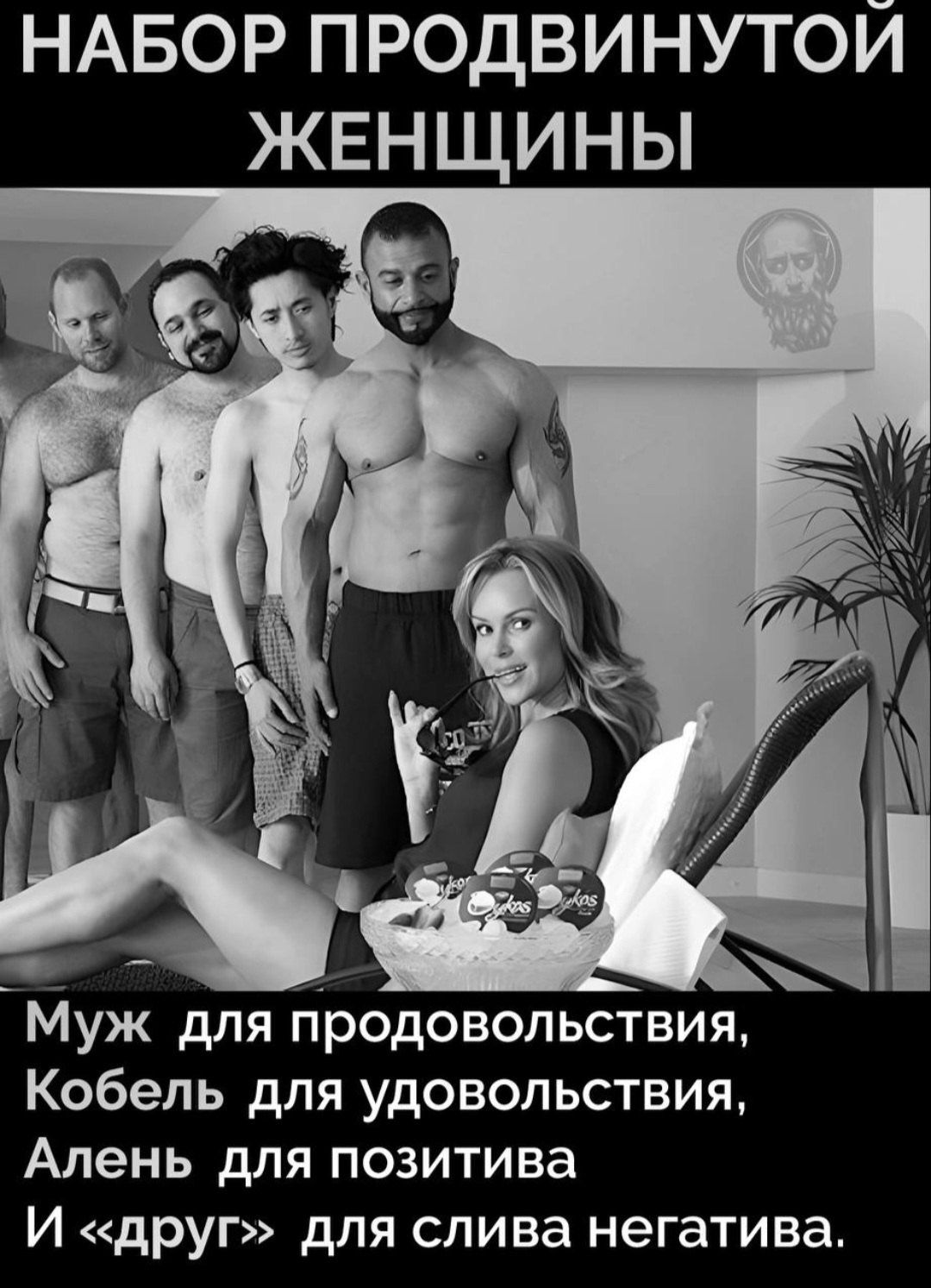 НАБОР ПРОДВИНУТОИ ЖЕНЩИНЫ Муж ДЛЯ ПРОДОВОЛЬСТВИЯ Кобель для удовольствия Алень для позитива И друг для слива негатива