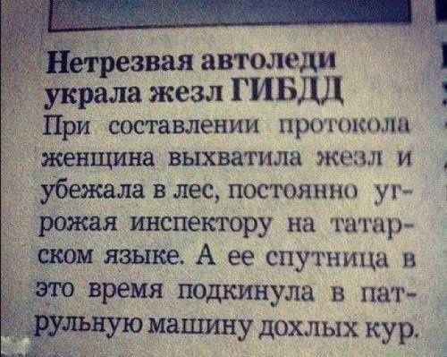 етрезвая автоледи украла жезл ГИБДД При составлении прототипа женщина выхватила жезл и убежала в лес постоянно уг рожая инспектору на татар ском языке А ее спутница в 3 время подкинула в пач нуюмашину дохлых кур
