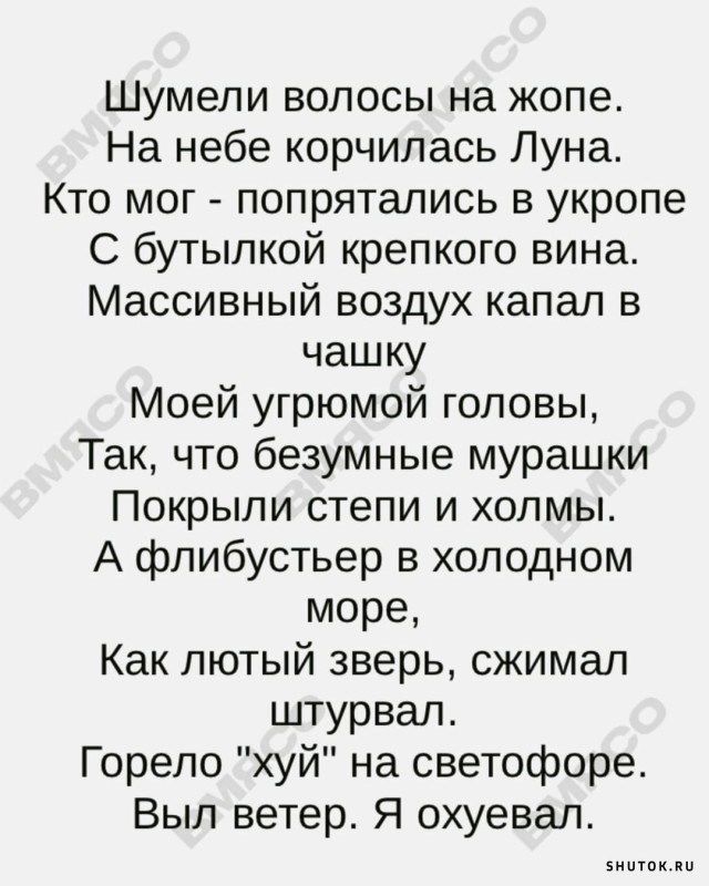Шумели волосы на копе На небе корчипась Луна Кто мог попрятались в укропе С бутылкой крепкого вина Массивный воздух капал в чашку Моей угрюмой головы Так что безумные мурашки Покрыли степи и холмы А флибустьер в холодном море Как лютый зверь сжимал штурвал Горело хуй на светофоре Вып ветер Я охуевал