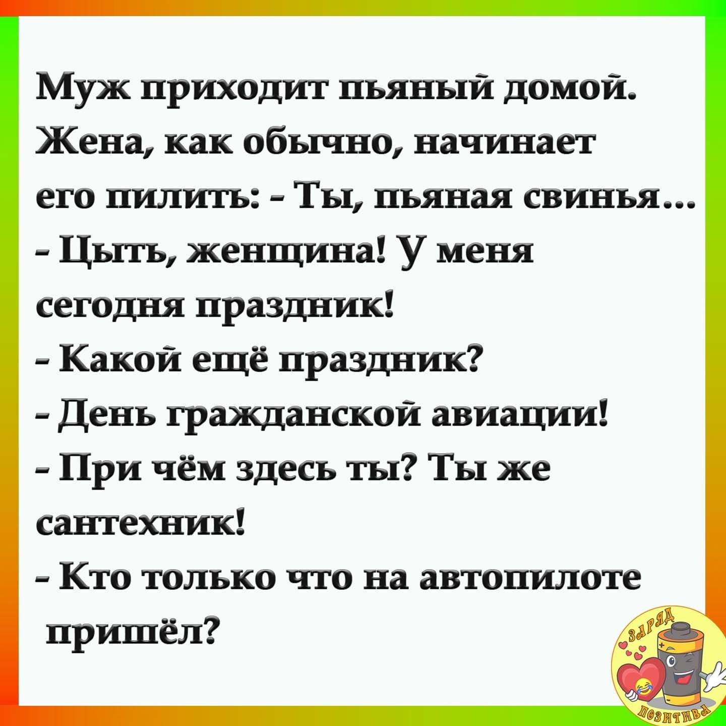 Муж приходит пьяный домой Жена как обычно начинает ЕГО ПИЛШЪ ТЫ пьяная свинья Цыть женщина У меня сегодня праздник Какой ещё праздник День гражданской авиации При чём здесь ты Ты же сантехник Кто только что на автопилоте пришёл