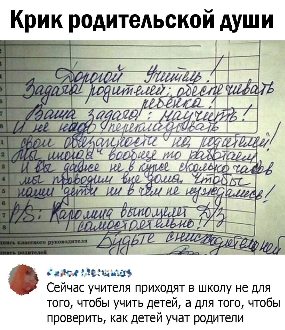 Крик родительской души И Л ЁЙ д А 0 пм иньщ Сейчас учителя приходят в школу не для того чтобы учить детей а для того чтобы проверить как детей учат родители