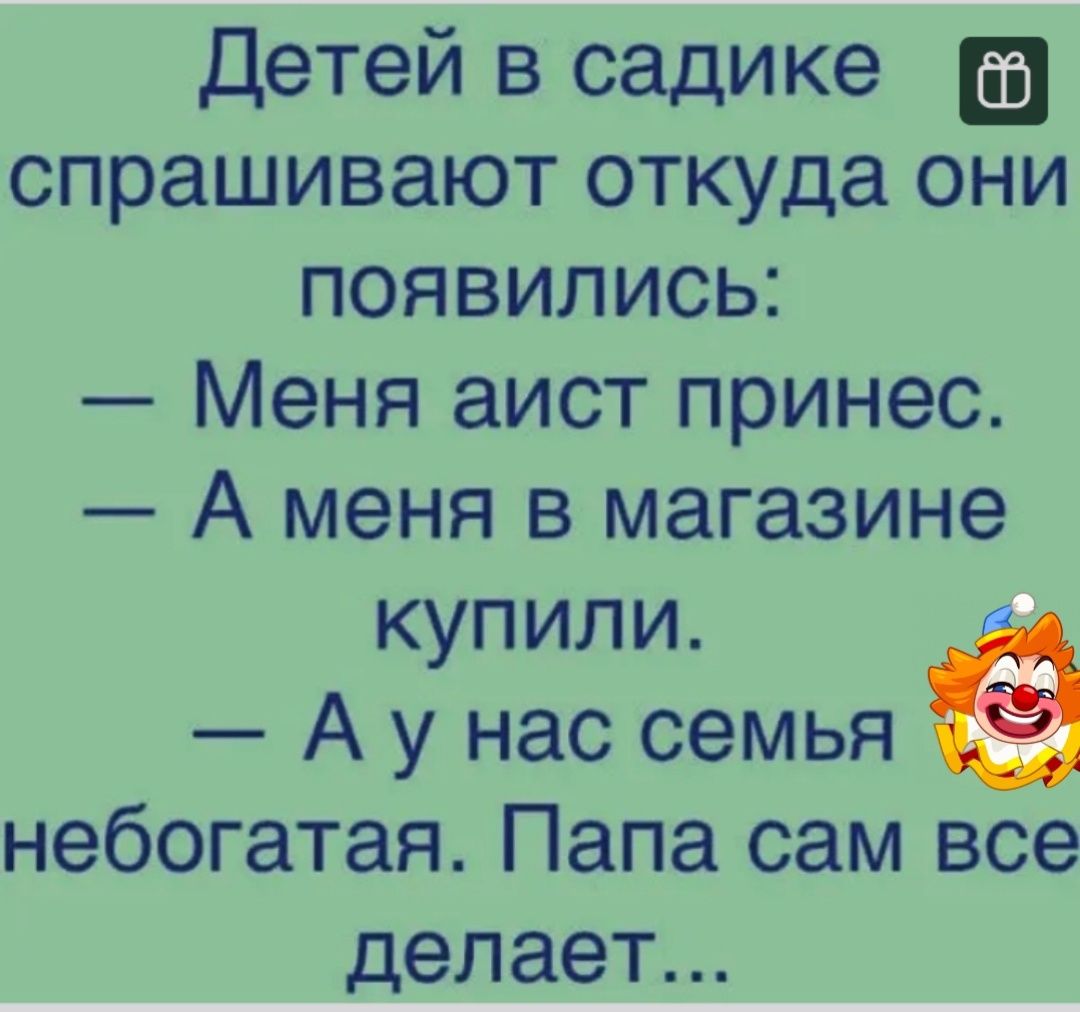 Детей в садике спрашивают откуда они появились Меня аист принес А меня в магазине купили А у нас семья небогатая Папа сам все делает