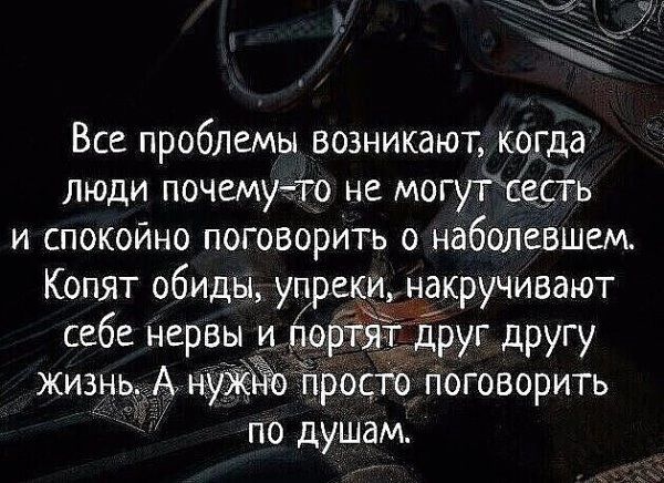 Все проблемы возникают когда люди почемуто не могутсеоь и спокойно поговорить о наболевшем Копят обиды уп е и накручивают себе нервы и рт друг другу жизнь А нужТіЁо просто поговорить по душам