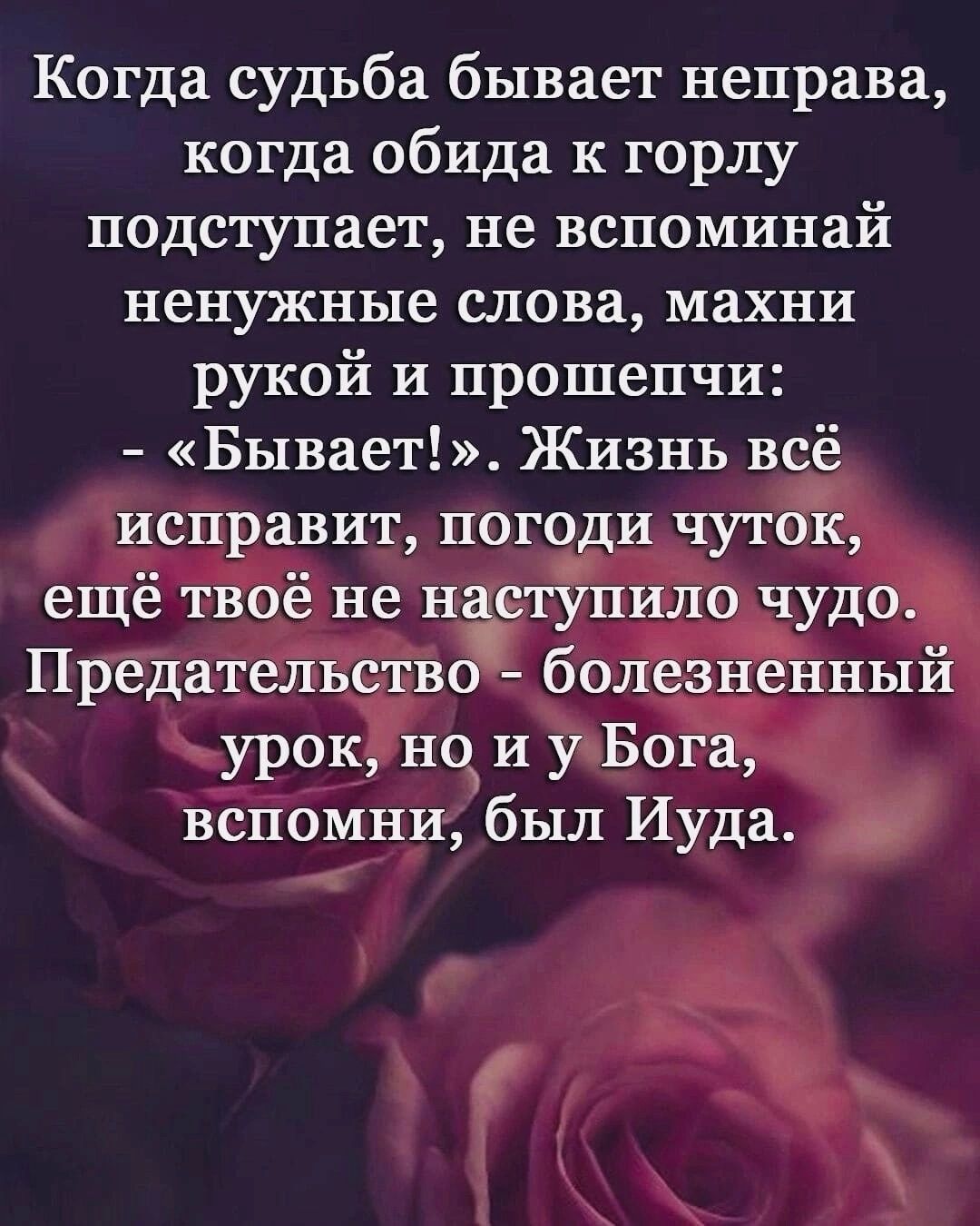 Когда судьба бывает неправд когда обида к горлу подступает не вспоминай ненужные слова махни рукой и прошепчи Бывает Жизнь всё исправит погоди чуток ещё твоё не наступило чудо Предательство болезненный урок нои у Бога вспомни был Иуда