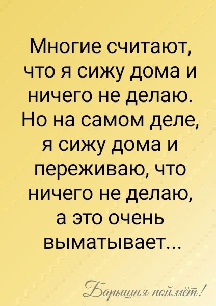 Многие считают что я сижу дома и ничего не делаю Но на самом деле я сижу дома и переживаю что ничего не делаю а это очень выматывает