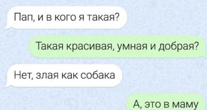 Пап и в кого я такая Такая красивая умная и добрая Нет злая как собака А это маму