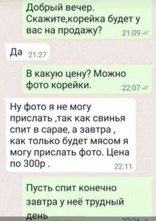 добрый вечер Скажитекорейка будет у вас на продажу 2 09 да 7121 В какую цену Можно Фото корейки 07 Ну фото я не могу прислать так как свинья спит в сарае а завтра как только будет мясом я могу прислать фото Цена по 300р _ 77 ПУСТЬ спит Конечно завтра у неё трудный Ь