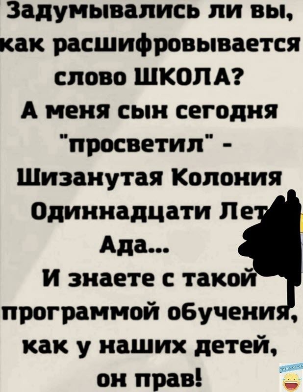 Задумывались ли вы как расшифровывается слово ШКОЛА А меня сын сегодня просветил Шизаиутая Колония Одиннадцати Ле Ада И знаете с тако программой обучени как у наших детей он прав