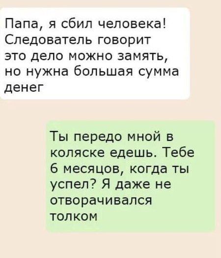 Папа я сбил человека Следователь говорит это дело можно замять но нужна большая сумма денег Ты передо мной в коляске едешь Тебе 6 месяцов когда ты успел Я даже не отворачивался толком