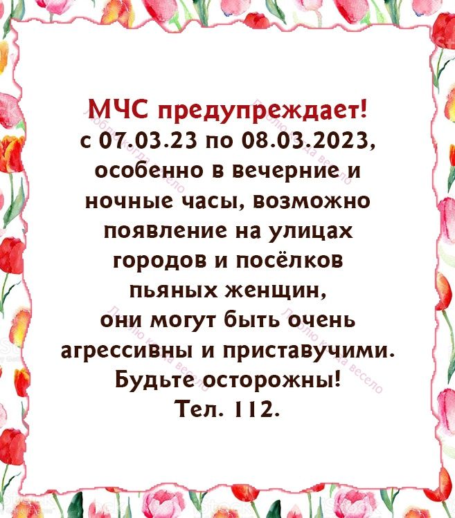 хыци 070323 по 08032023 МЧС предупреждает особенно в вечерние и НОЧНЫЕ часы ВОЗМОЖНО появление на улицах г ГОРОДОВ И ПОСЁПКВВ ПЬЯИЫХ ЖЕНЩИН ЗГРЕССИВНЫ И ПРИСТЗВУЧИМИ они могут быть очень Будьте осторожны и Тел 12