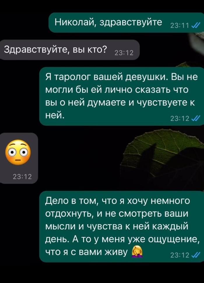 Николай здравствуйте Здравствуйте вы кто 2312 Я таролог вашей девушки Вы не могли бы ей лично сказать что вы о ней думаете и чувствуете к ней 2312 Дело в том что я хочу немного отдохнуть и не смотреть ваши мысли и чувства к ней каждый день А то у меня уже ощущение что я с вами живу _ д